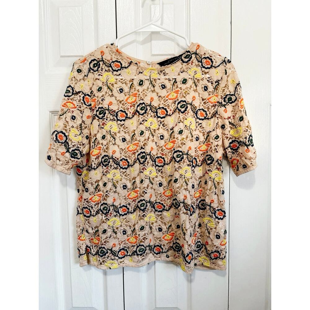 Zara Women Embroidered Floral Lace Sheer Top Size Medium